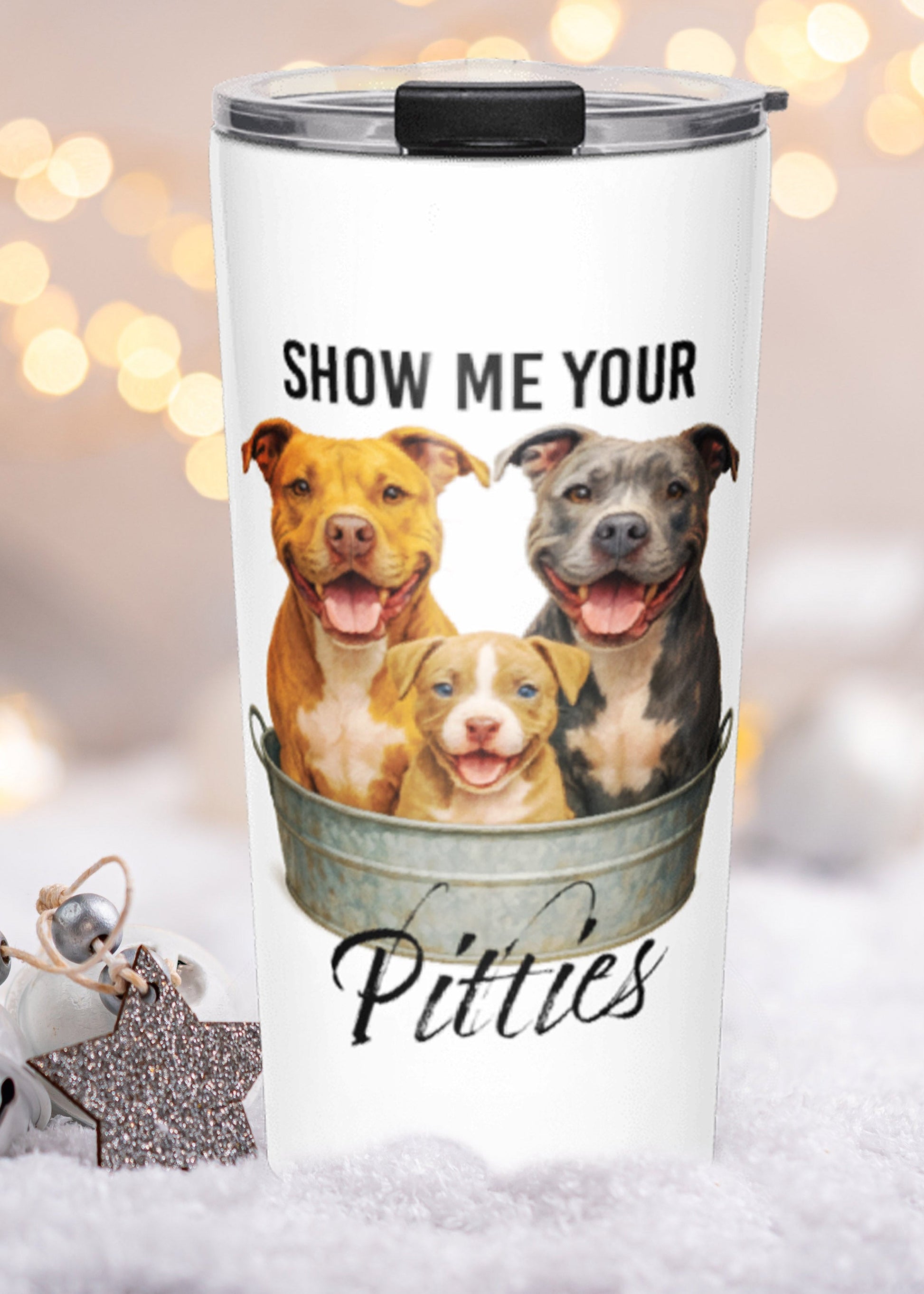 Tumbler with 'Show Me Your Pitties' design featuring three pit bulls, surrounded by festive decorations.