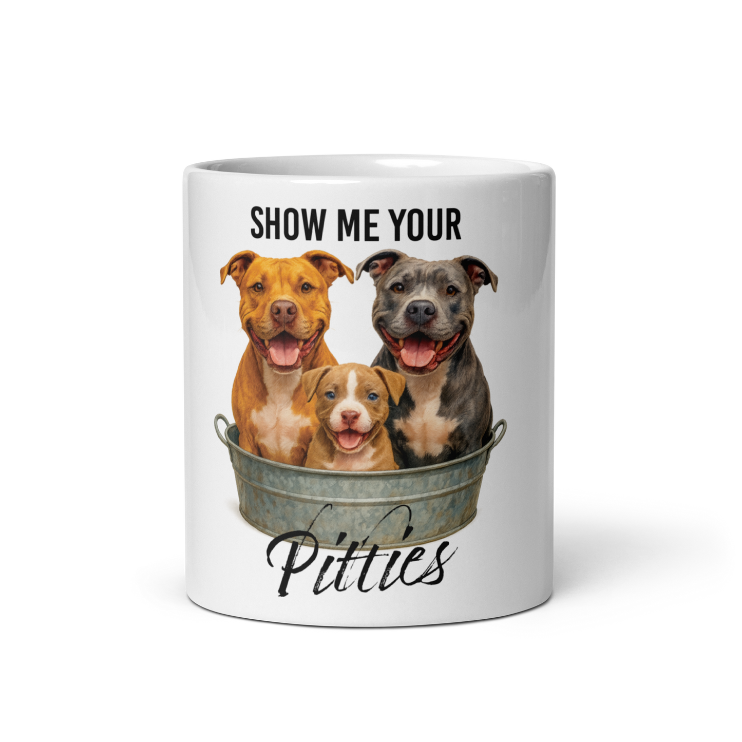 Show Me Your Pitties Mug – Funny Pitbull Lover Gift | 3 Cute Pitties in Washtub | Dog Mom mug | Pitbull Rescue Humor White glossy mug